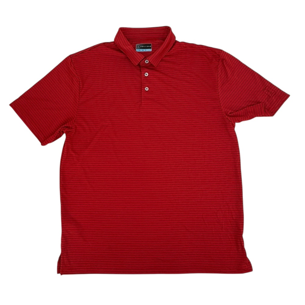PGA Tour Red Black Striped Short Sleeve Collared Polo Golf Shirt Size Large Mens